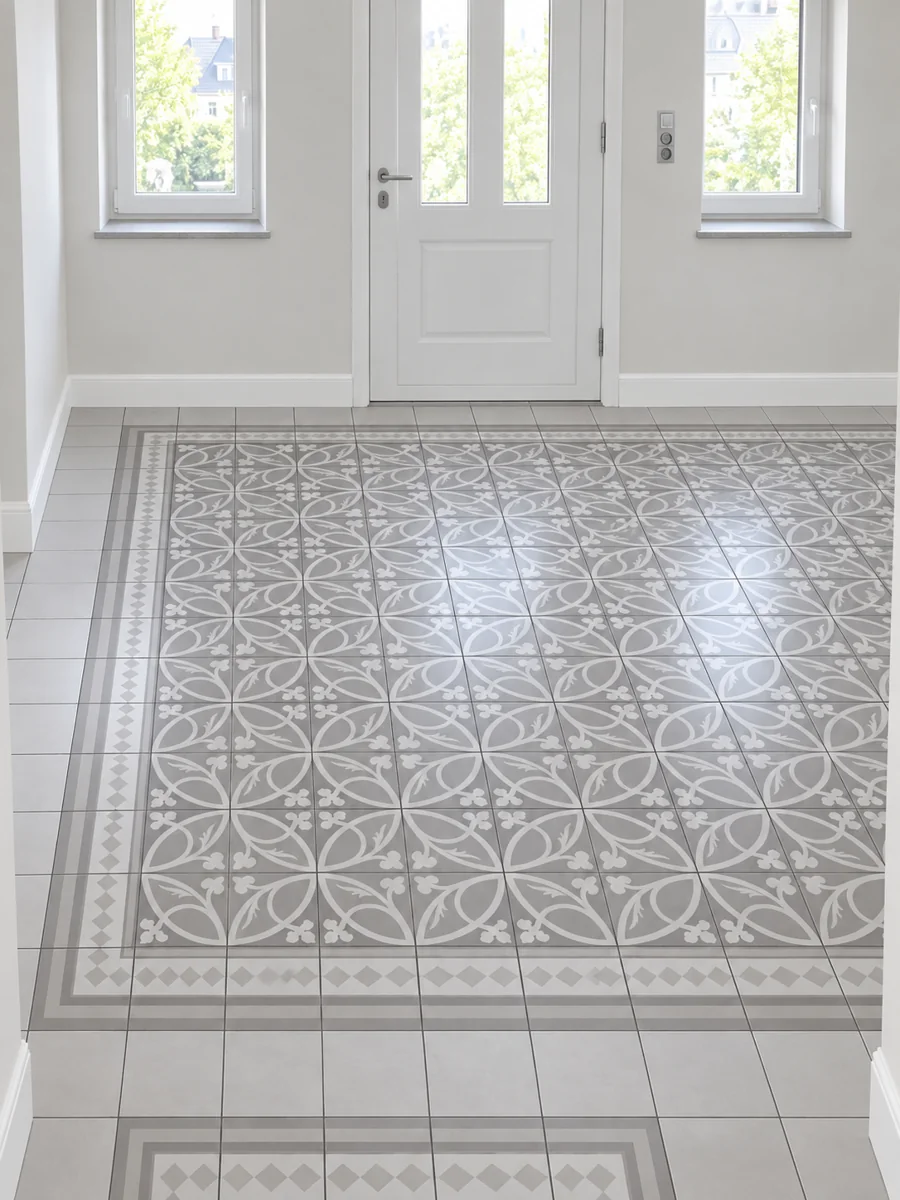 Grau-weißer Ornamentboden mit heller Einfassung vor weißer Eingangstür.