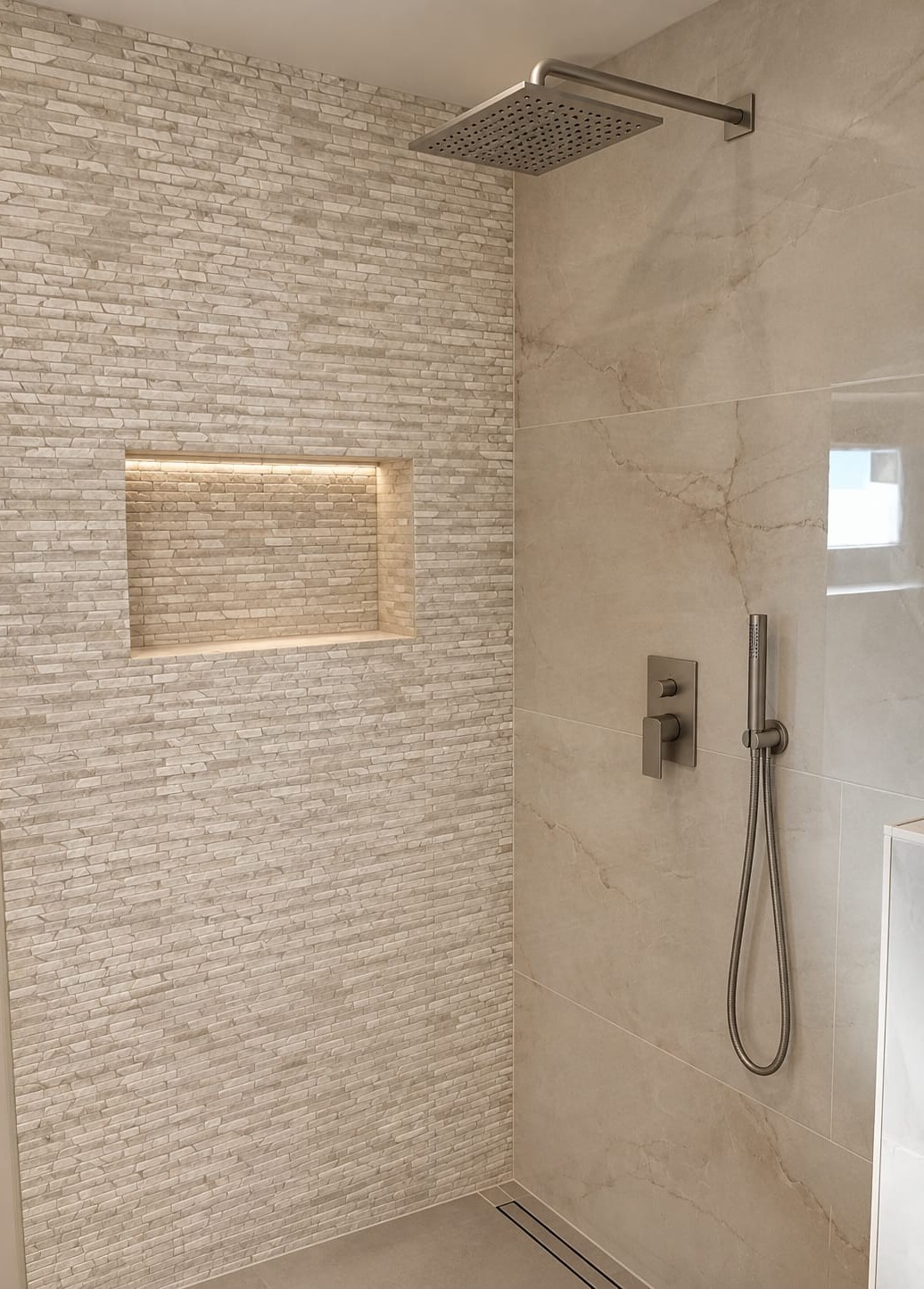 Dusche mit strukturierter Fliesenwand und beleuchteter Nische.